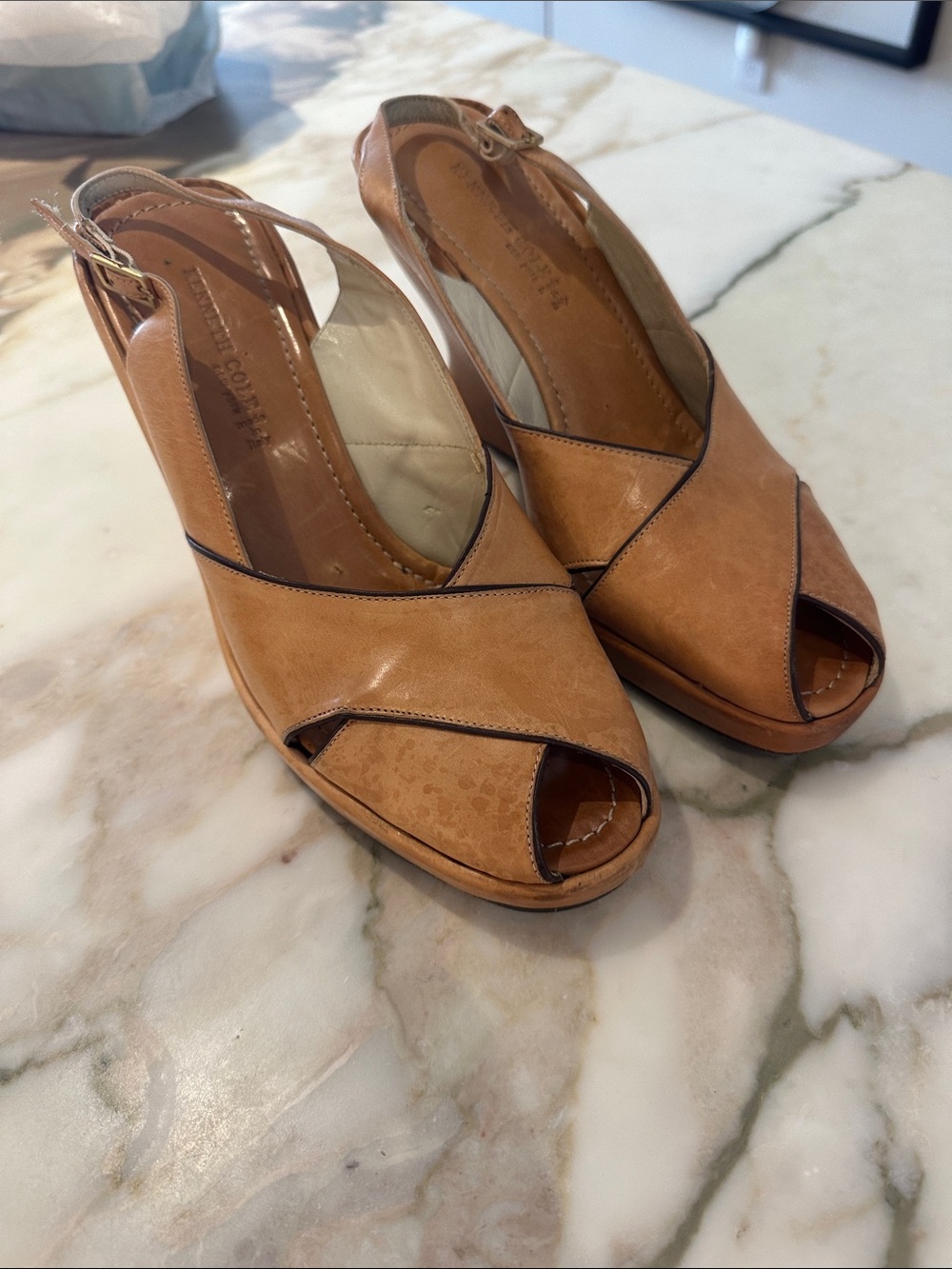 Kenneth Cole New York Tan Leather Peep-Toe Slingback Wedges